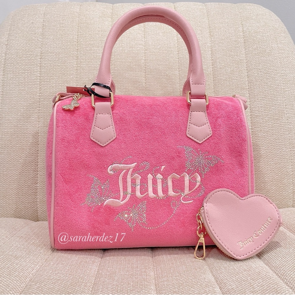 NEW Juicy Couture‎ Pink Terry Cloth Barrel Bag Butterfly Rhinestone Satchel